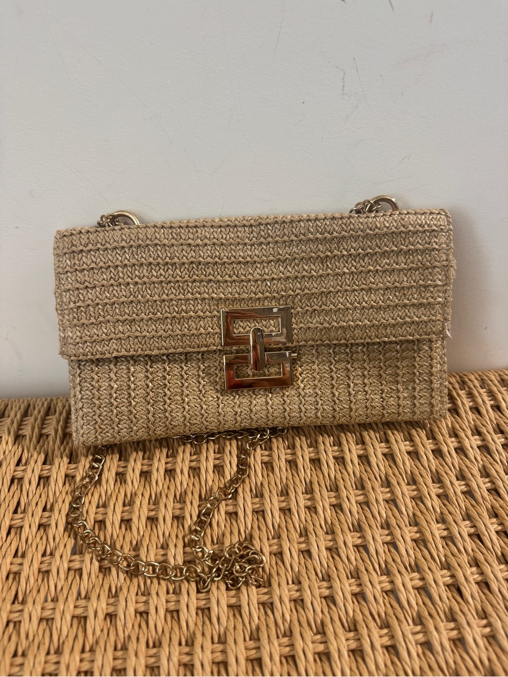 Woven Straw Chain Shoulder Bag - Natural